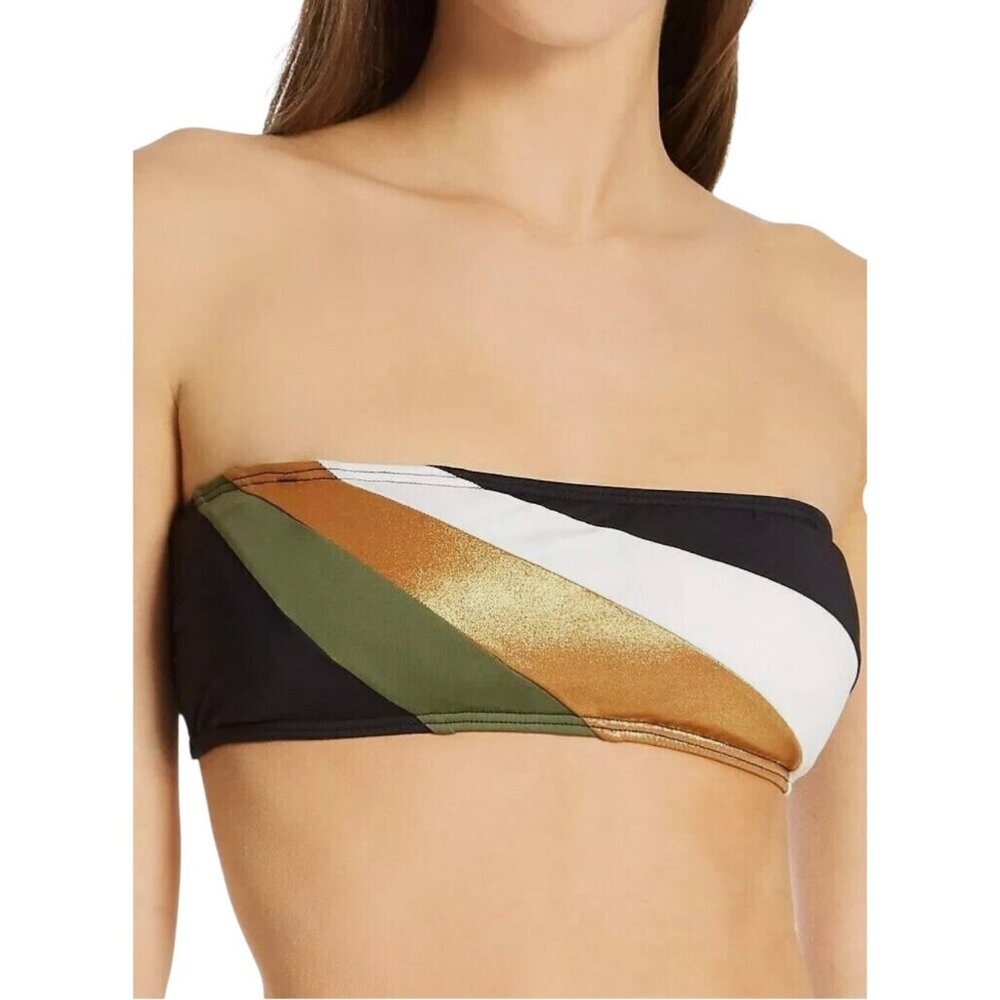 Vince Camuto Size XS Black Gold Shimmer Blocked Square Neck Swim Top‎ NWT - Picture 2 of 9